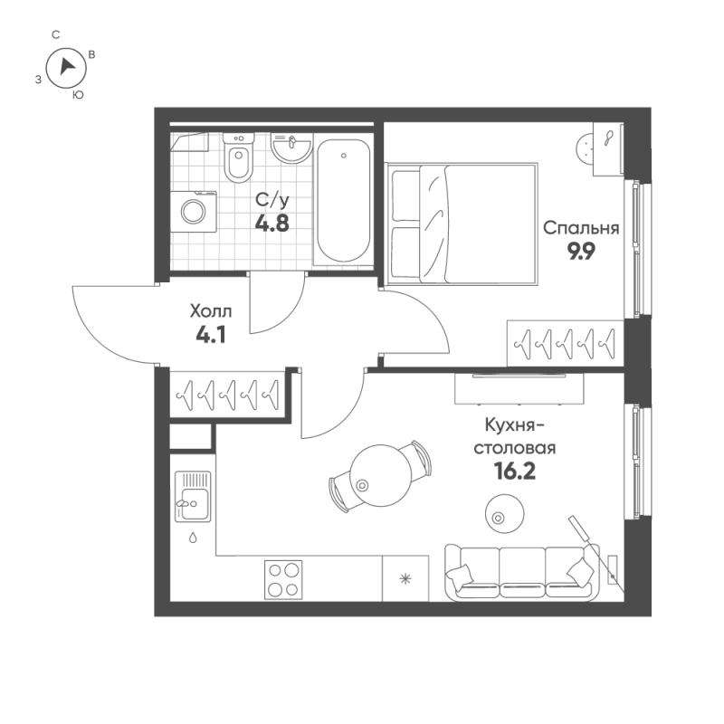 2-комнатная (Евро) квартира, 35 м² - планировка, фото №1