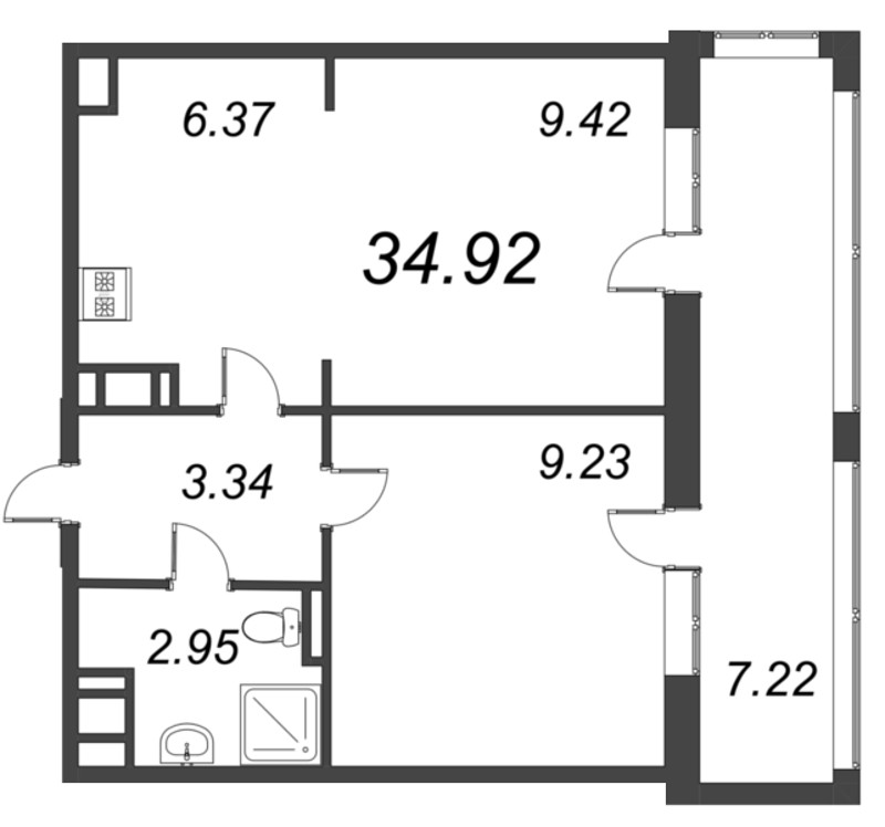 2-комнатная (Евро) квартира, 34.92 м² - планировка, фото №1