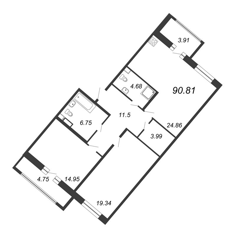 3-комнатная (Евро) квартира, 90.81 м² в ЖК "Modum" - планировка, фото №1