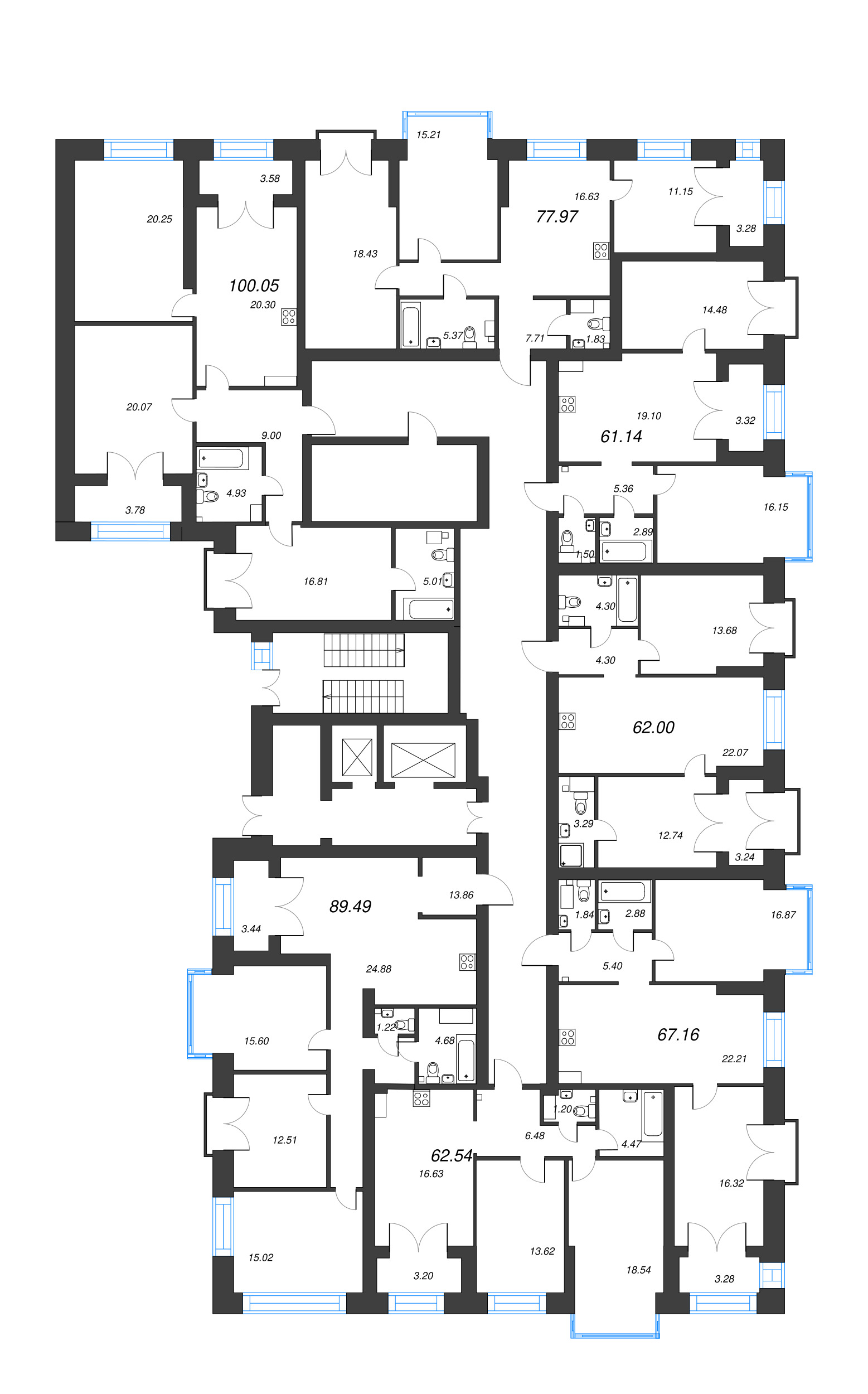 2-комнатная квартира, 61.14 м² - планировка этажа