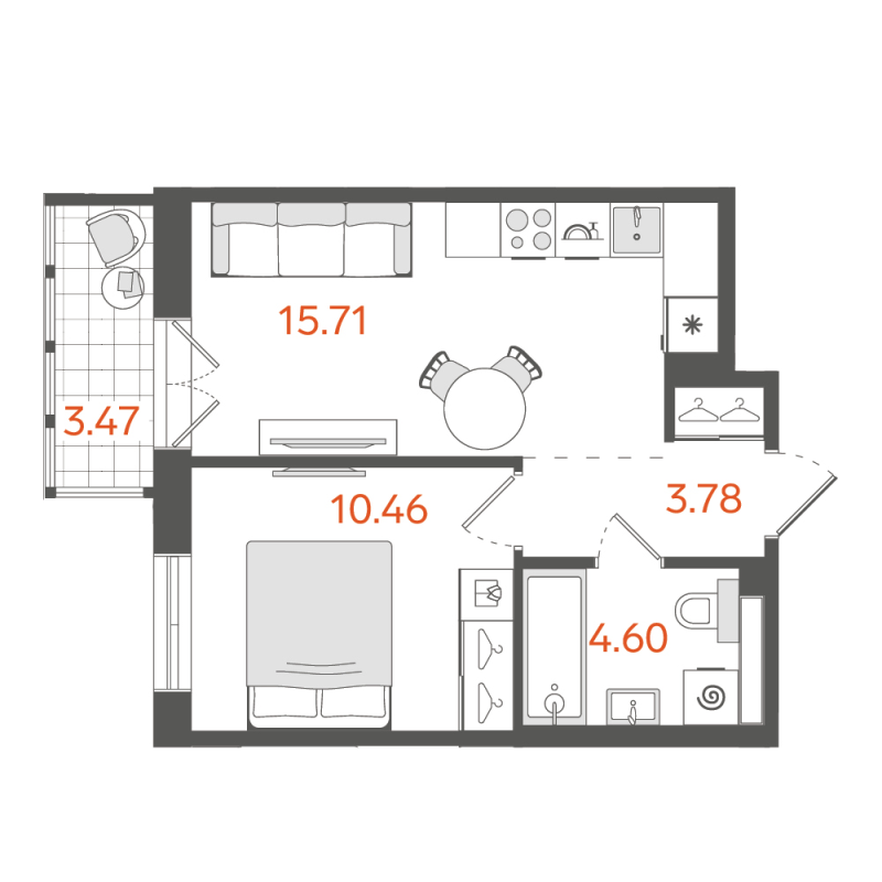 2-комнатная (Евро) квартира, 35.27 м² в ЖК "STAVNI Обводный" - планировка, фото №1