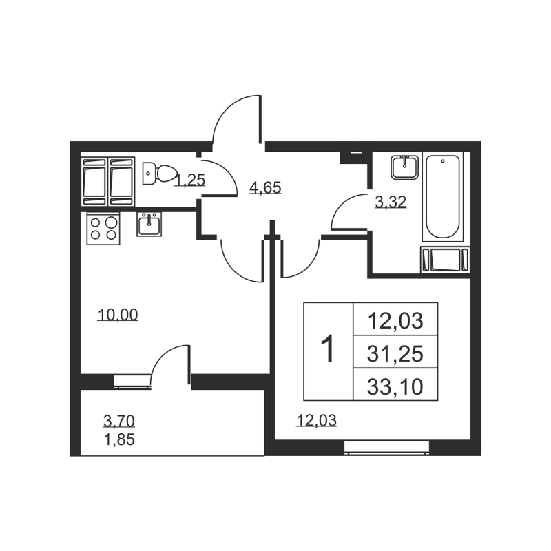 1-комнатная квартира, 33.1 м² - планировка, фото №1