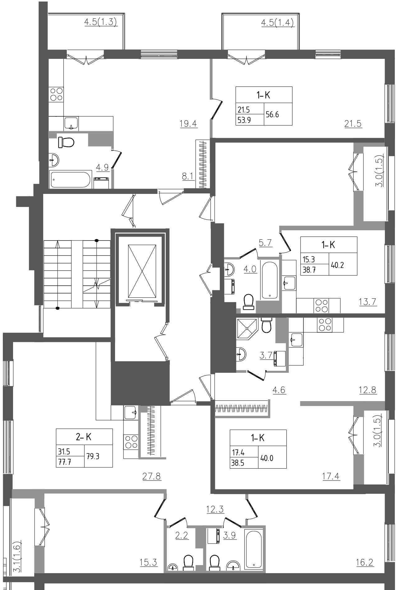 3-комнатная (Евро) квартира, 79.3 м² - планировка этажа