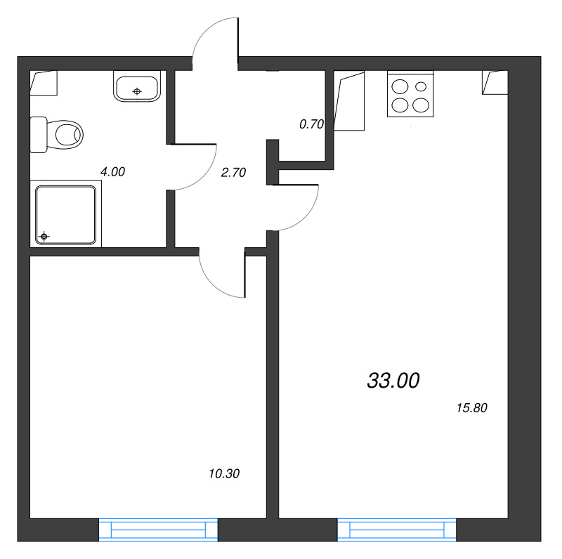 2-комнатная (Евро) квартира, 33 м² в ЖК "Дыбенко Парк" - планировка, фото №1