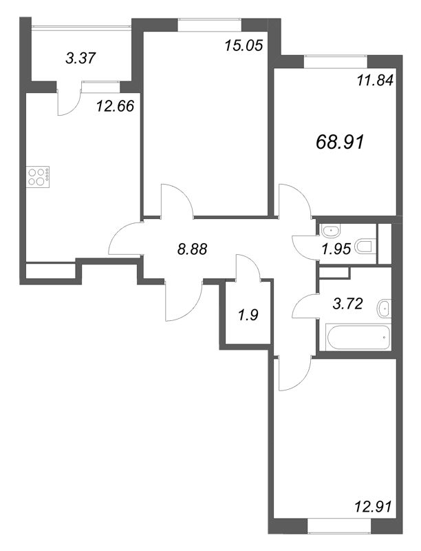 3-комнатная квартира, 68.91 м² в ЖК "ЮгТаун" - планировка, фото №1