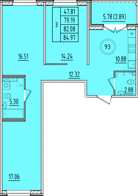 3-комнатная квартира, 79.19 м² - планировка, фото №1