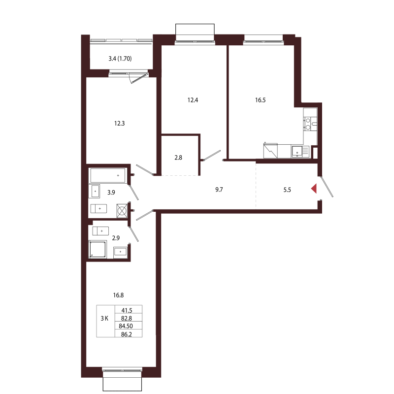 4-комнатная (Евро) квартира, 84.5 м² в ЖК "Лисино" - планировка, фото №1