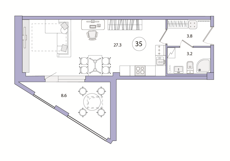 Квартира-студия, 42.9 м² - планировка, фото №1