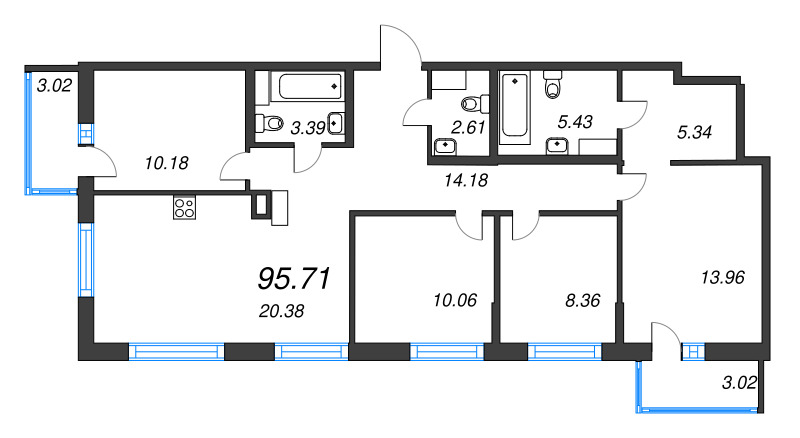 5-комнатная (Евро) квартира, 95.71 м² - планировка, фото №1