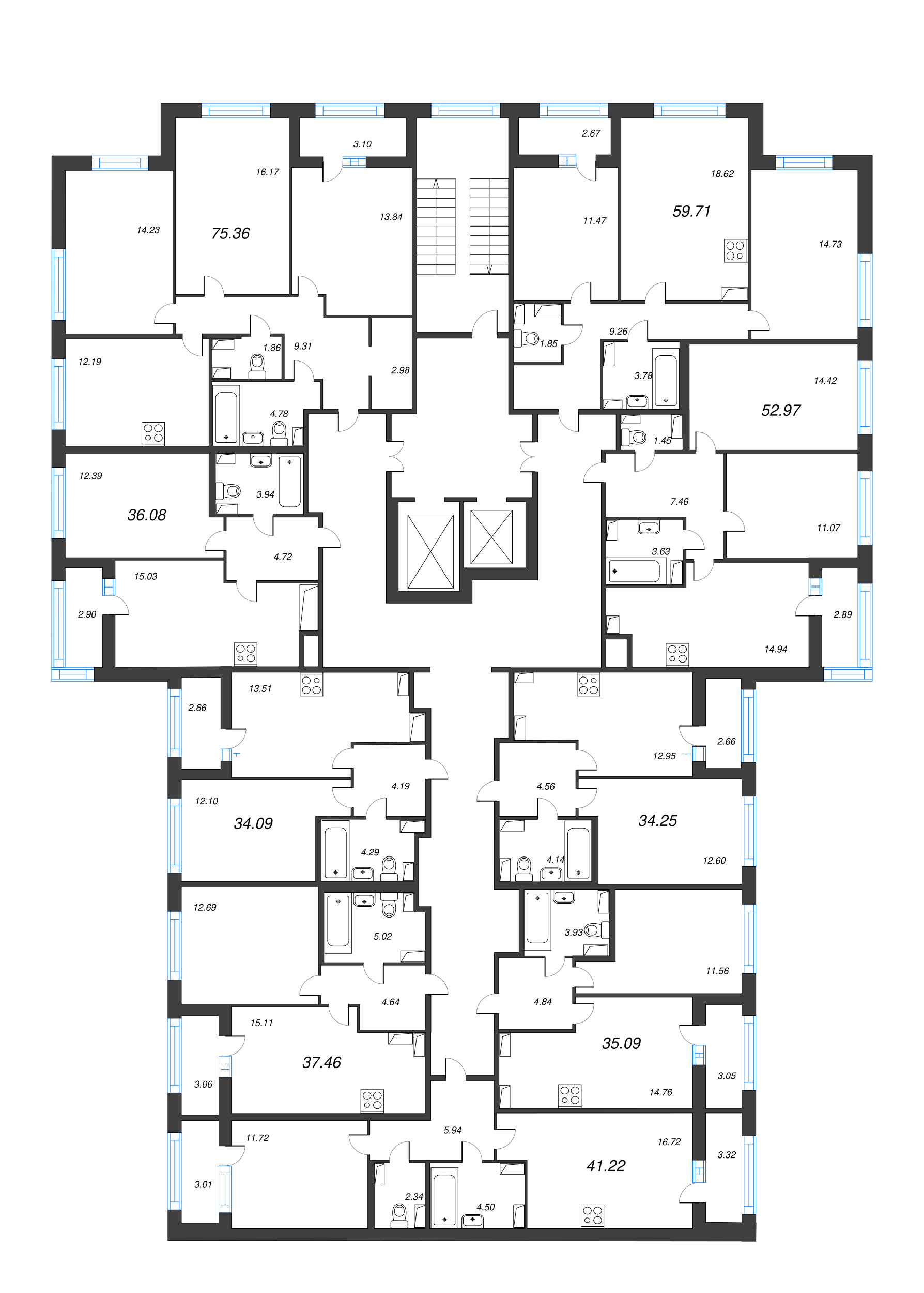 2-комнатная (Евро) квартира, 35.09 м² - планировка этажа