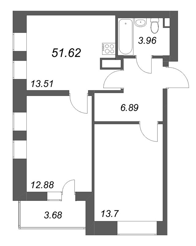 2-комнатная квартира, 51.62 м² в ЖК "Аквилон Солар" - планировка, фото №1