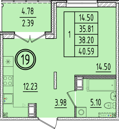 1-комнатная квартира, 35.81 м² в ЖК "Образцовый квартал 6.4" - планировка, фото №1