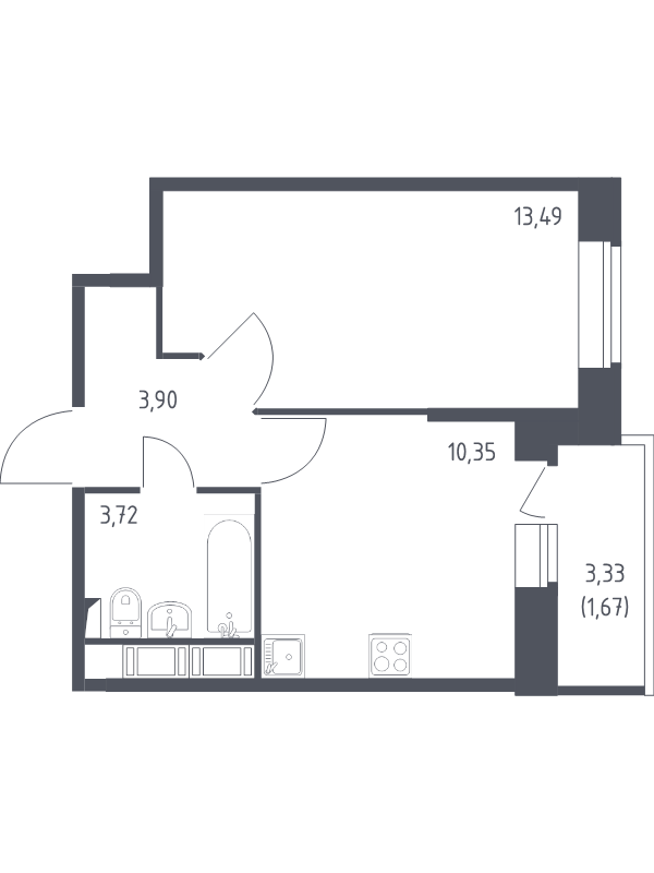 1-комнатная квартира, 33.13 м² - планировка, фото №1