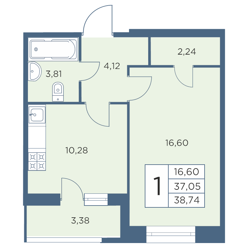 1-комнатная квартира, 38.74 м² - планировка, фото №1