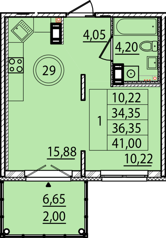 2-комнатная (Евро) квартира, 34.35 м² в ЖК "Образцовый квартал 15" - планировка, фото №1
