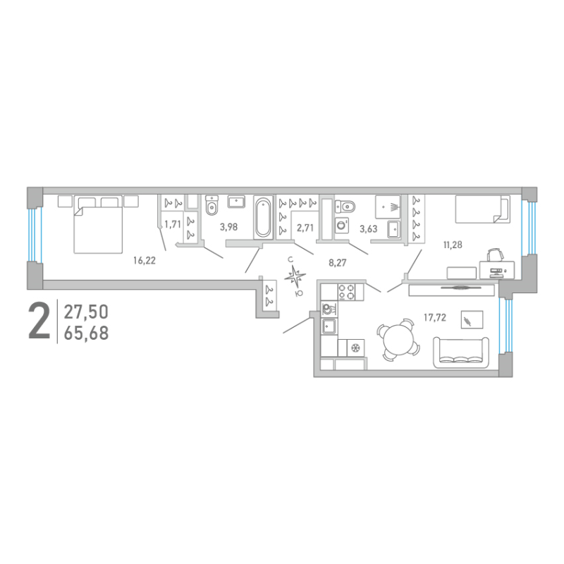 3-комнатная (Евро) квартира, 65.68 м² - планировка, фото №1