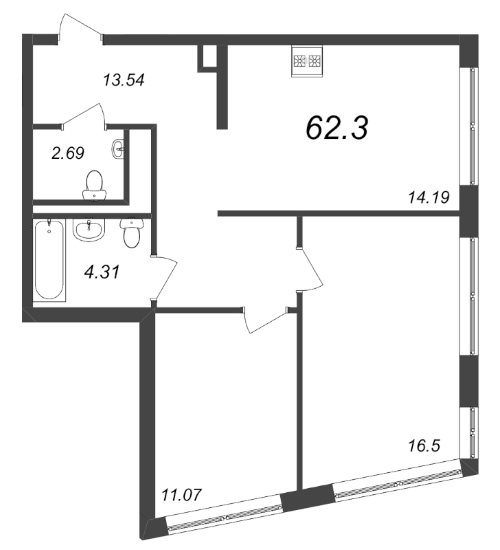 2-комнатная квартира, 62.3 м² - планировка, фото №1