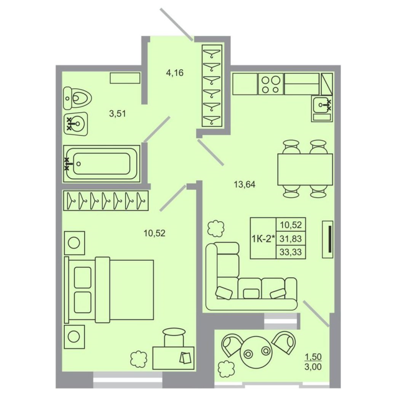 1-комнатная квартира, 33.33 м² в ЖК "Стороны света-2" - планировка, фото №1