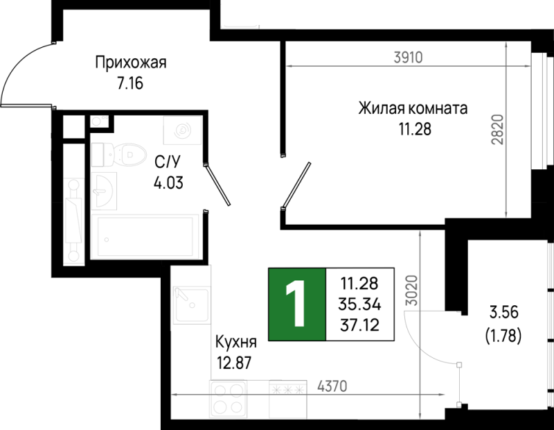 1-комнатная квартира, 37.12 м² - планировка, фото №1