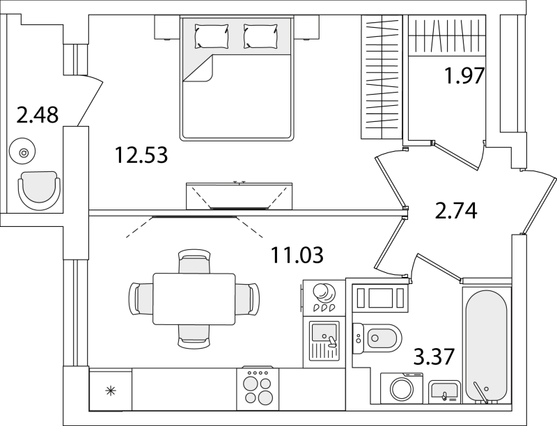 1-комнатная квартира, 32.88 м² в ЖК "Кинопарк" - планировка, фото №1