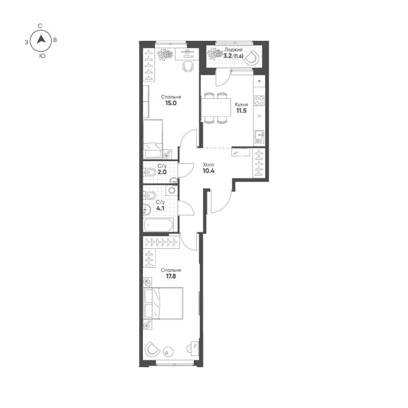 2-комнатная квартира, 62.4 м² в ЖК "Ягодное Река Парк" - планировка, фото №1