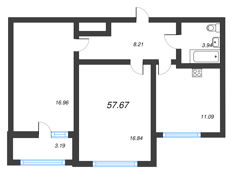 2-комнатная квартира, 58.9 м² - планировка, фото №1