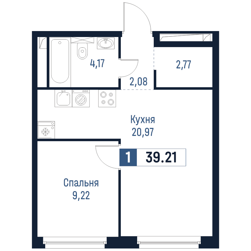 2-комнатная (Евро) квартира, 39.21 м² в ЖК "Максималист" - планировка, фото №1
