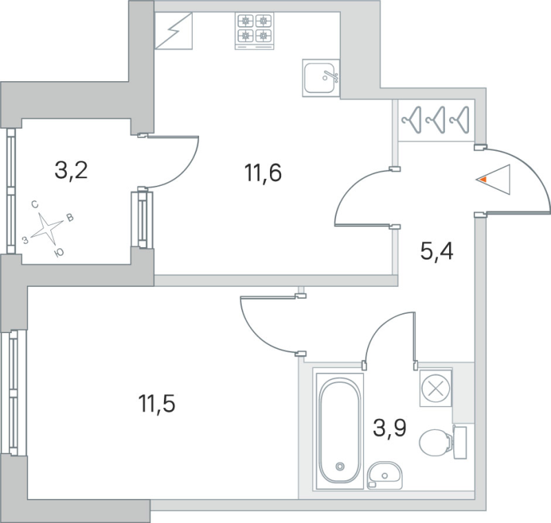 1-комнатная квартира, 32.4 м² в ЖК "ЮгТаун" - планировка, фото №1