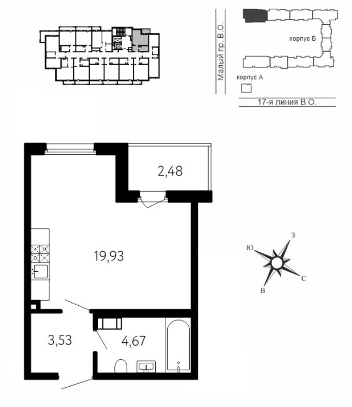 Квартира-студия, 29.37 м² в ЖК "17-я линия" - планировка, фото №1