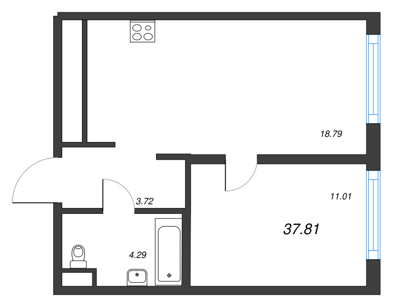 2-комнатная (Евро) квартира, 37.81 м² в ЖК "Legenda Васильевского" - планировка, фото №1