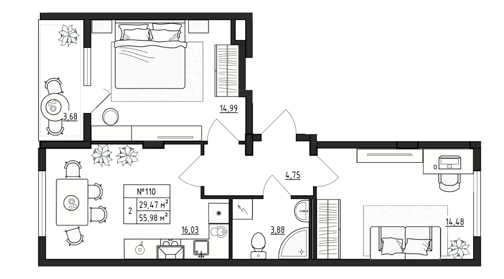 3-комнатная (Евро) квартира, 55.98 м² в ЖК "Верево Сити" - планировка, фото №1