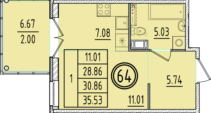 Квартира-студия, 28.86 м² в ЖК "Образцовый квартал 6.4" - планировка, фото №1