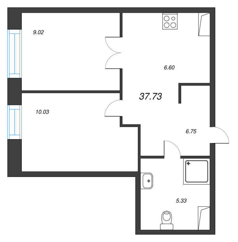 2-комнатная квартира, 37.73 м² - планировка, фото №1