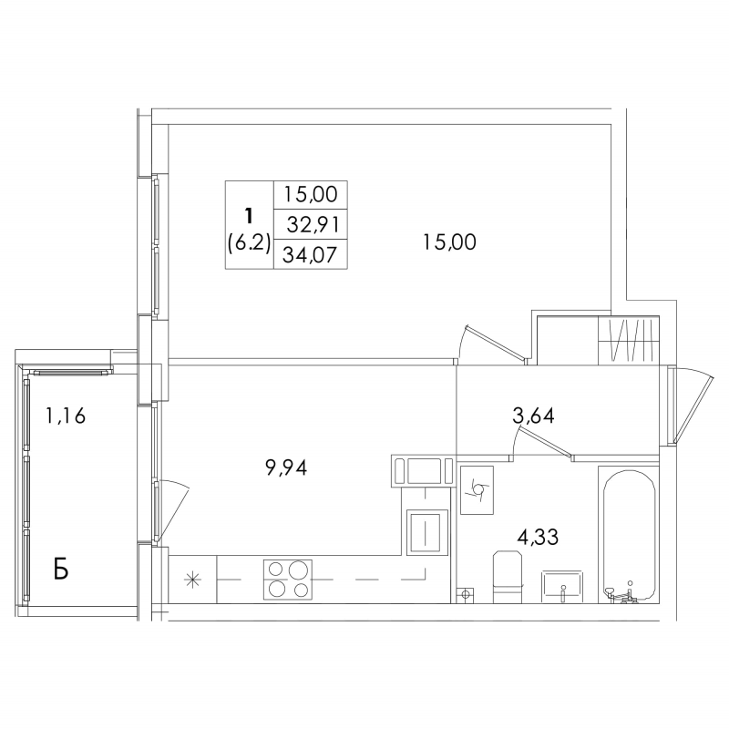 1-комнатная квартира, 34.07 м² - планировка, фото №1