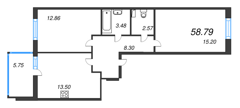 2-комнатная квартира, 58.79 м² - планировка, фото №1