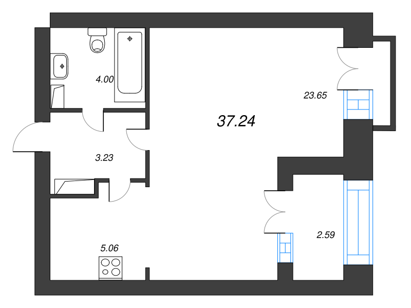 1-комнатная квартира, 40 м² - планировка, фото №1