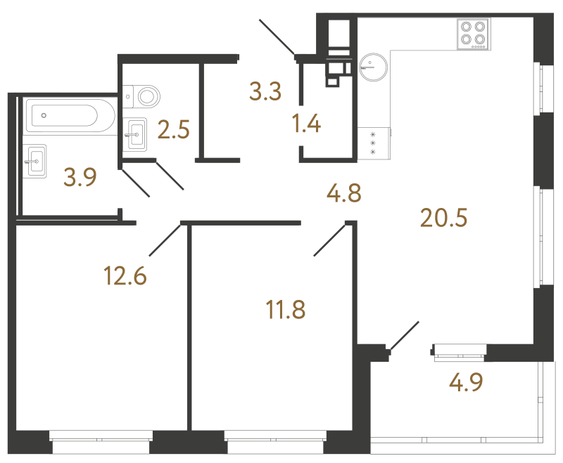 3-комнатная (Евро) квартира, 60.8 м² в ЖК "Литера" - планировка, фото №1