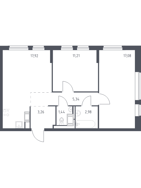 3-комнатная (Евро) квартира, 59.23 м² в ЖК "Новое Колпино" - планировка, фото №1