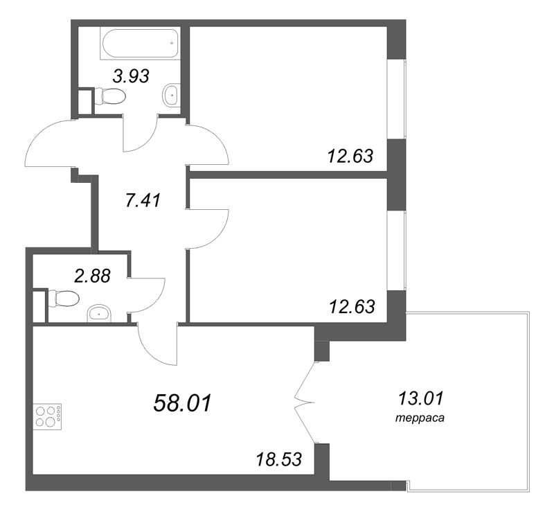 3-комнатная (Евро) квартира, 58.01 м² в ЖК "Дубровский" - планировка, фото №1