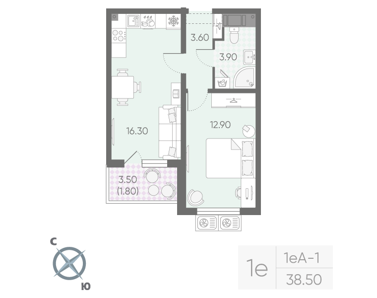 2-комнатная (Евро) квартира, 38.5 м² в ЖК "Ручьи" - планировка, фото №1