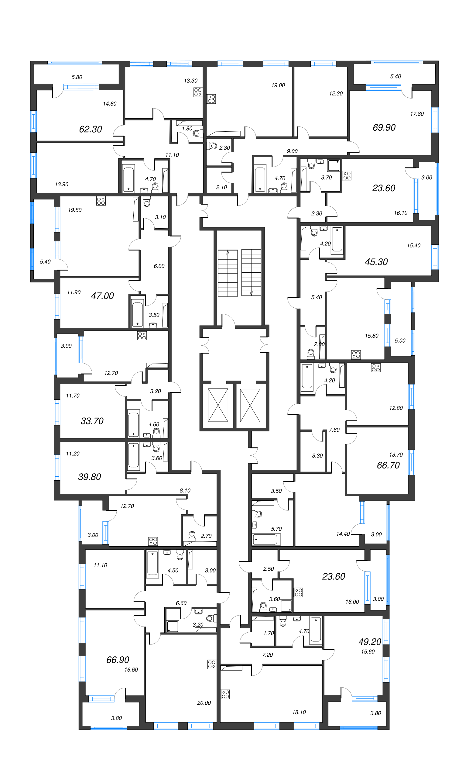 2-комнатная (Евро) квартира, 39.8 м² - планировка этажа