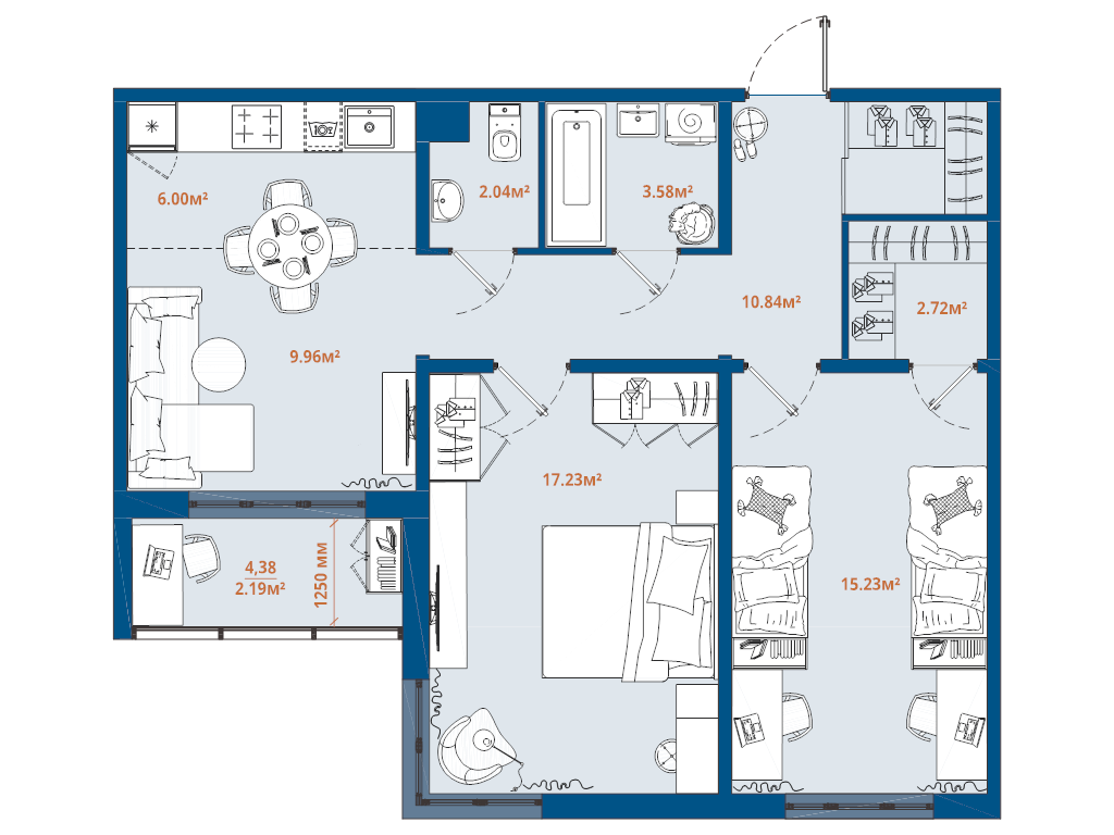 2-комнатная квартира, 69.85 м² в ЖК "ЛесArt" - планировка, фото №1