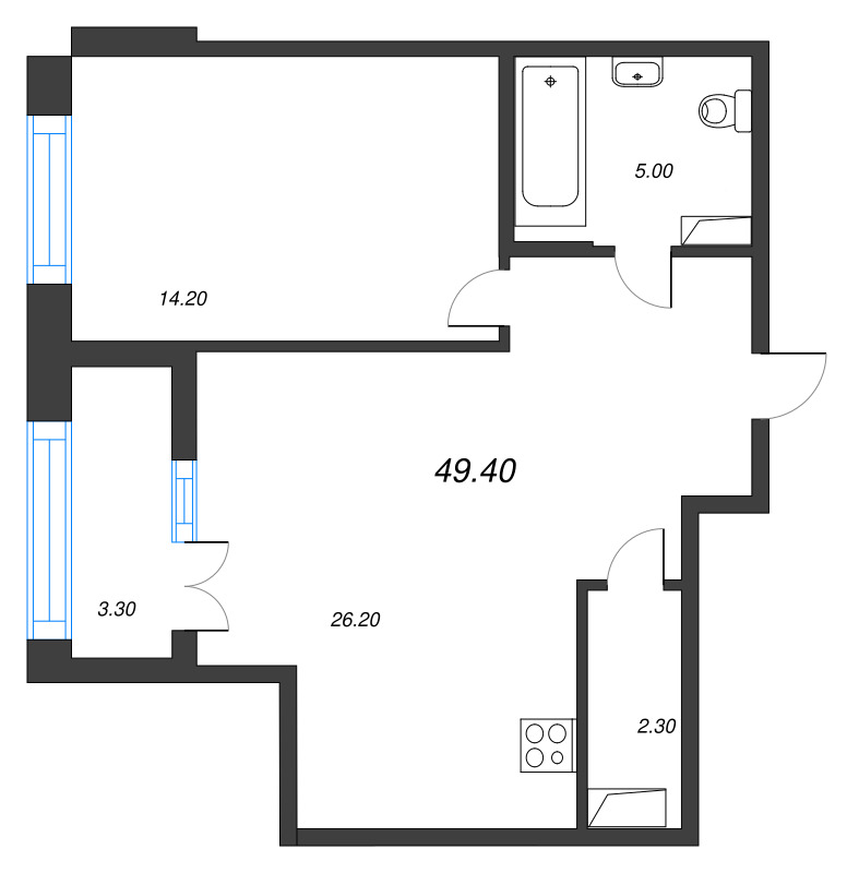 1-комнатная квартира, 49.4 м² в ЖК "NewПитер 2.0" - планировка, фото №1