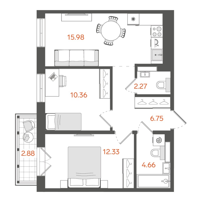 3-комнатная (Евро) квартира, 53.2 м² в ЖК "STAVNI Обводный" - планировка, фото №1