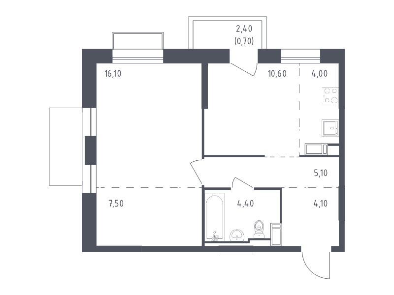 1-комнатная квартира, 52.5 м² - планировка, фото №1