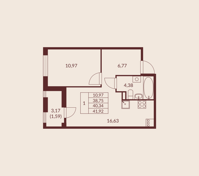 2-комнатная (Евро) квартира, 40.34 м² в ЖК "Амурино" - планировка, фото №1