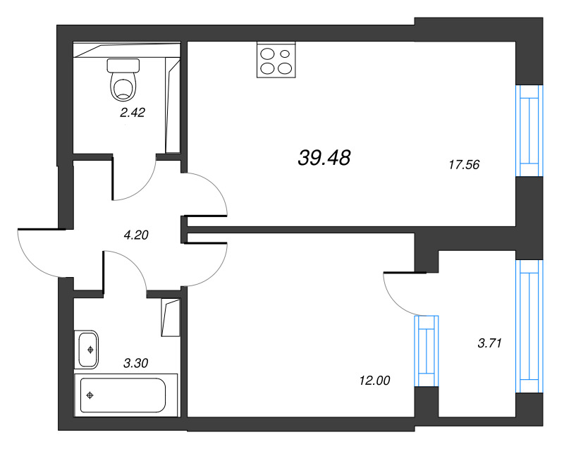 1-комнатная квартира, 41.34 м² в ЖК "Кронфорт. Центральный" - планировка, фото №1