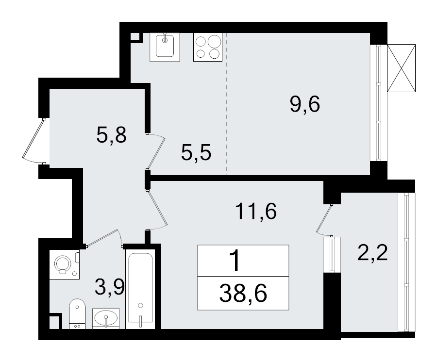 2-комнатная (Евро) квартира, 38.6 м² в ЖК "А101 Всеволожск" - планировка, фото №1