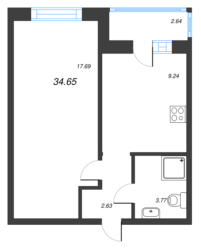 1-комнатная квартира, 34.65 м² - планировка, фото №1