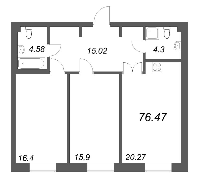 3-комнатная (Евро) квартира, 76.47 м² в ЖК "Фонтанка 130" - планировка, фото №1